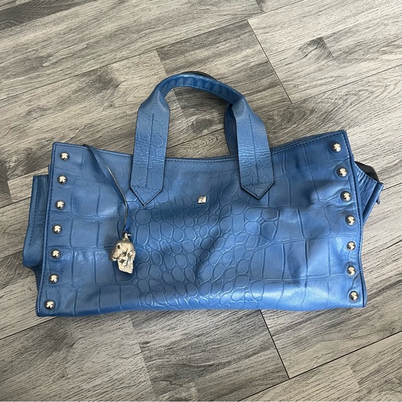 Carolina Crowley Handbags - Carolina Crowley Milan Croc Embossed Blue Leather Bag With Silver Skull Charm